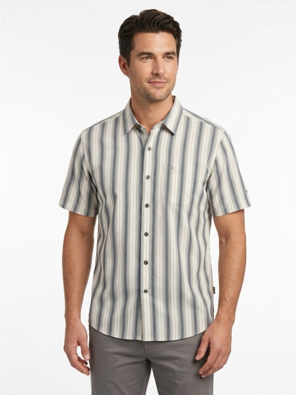 KUHL The Bohemian Short Sleeve Shirt Stripe Cotton Blend Off White M